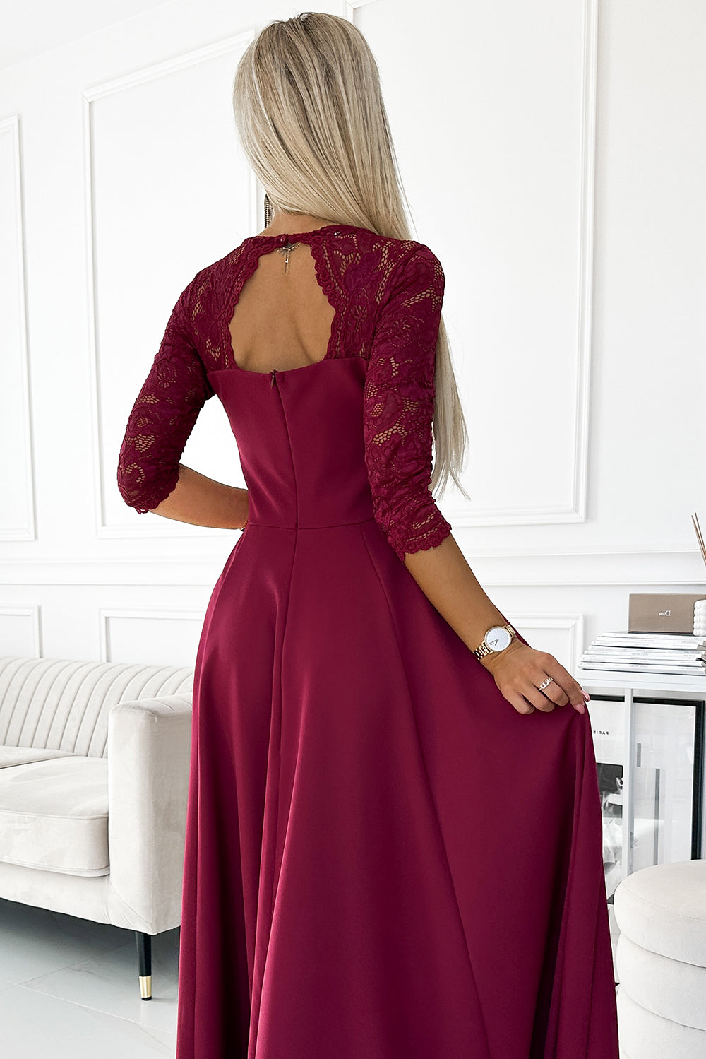 309-9 AMBER elegantes langes Maxikleid mit Spitzenausschnitt - Burgunderrot
