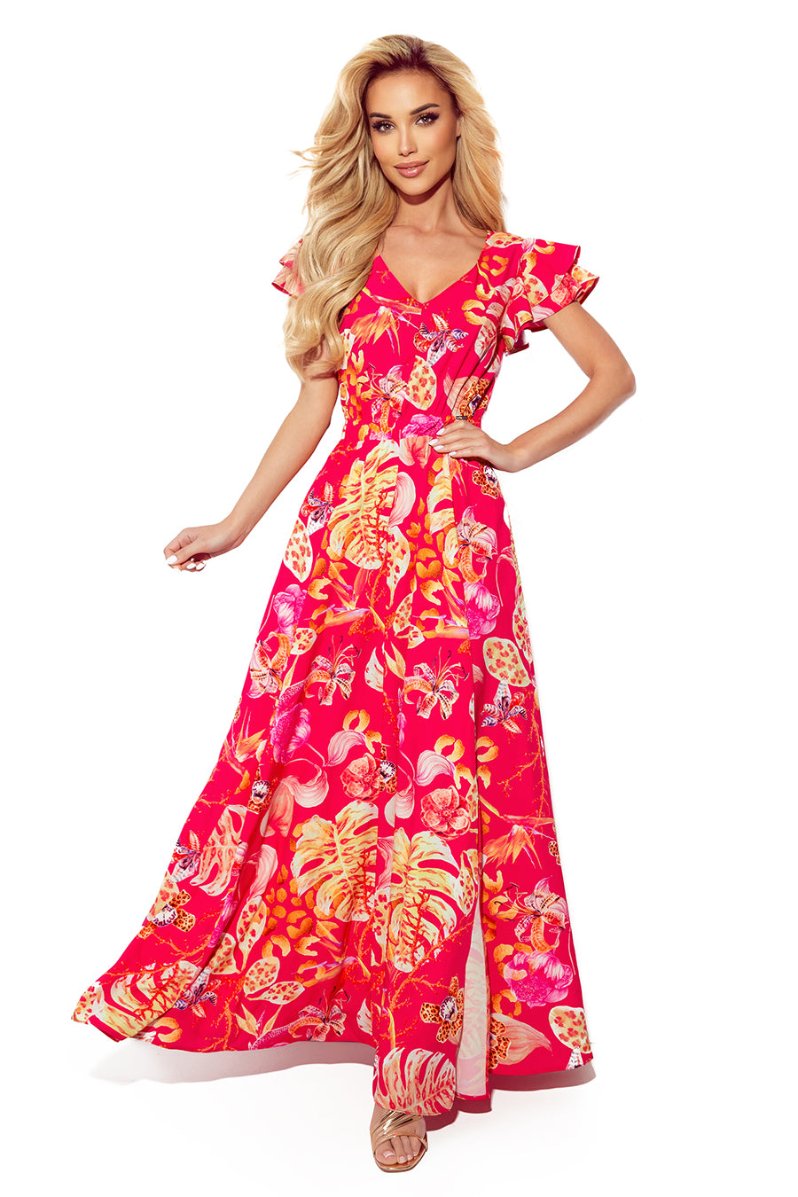 310-4 LIDIA langes Kleid mit Ausschnitt und Rüschen - rosa mit Blumen