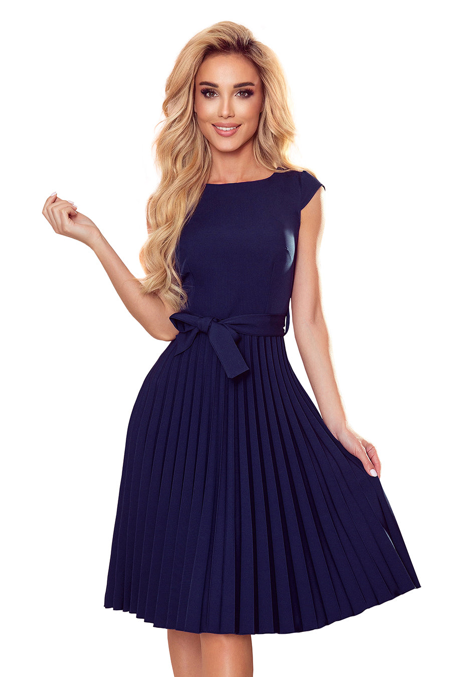 311-12 LILA Plissee-Kleid mit kurzen Ärmeln - Dunkelblau