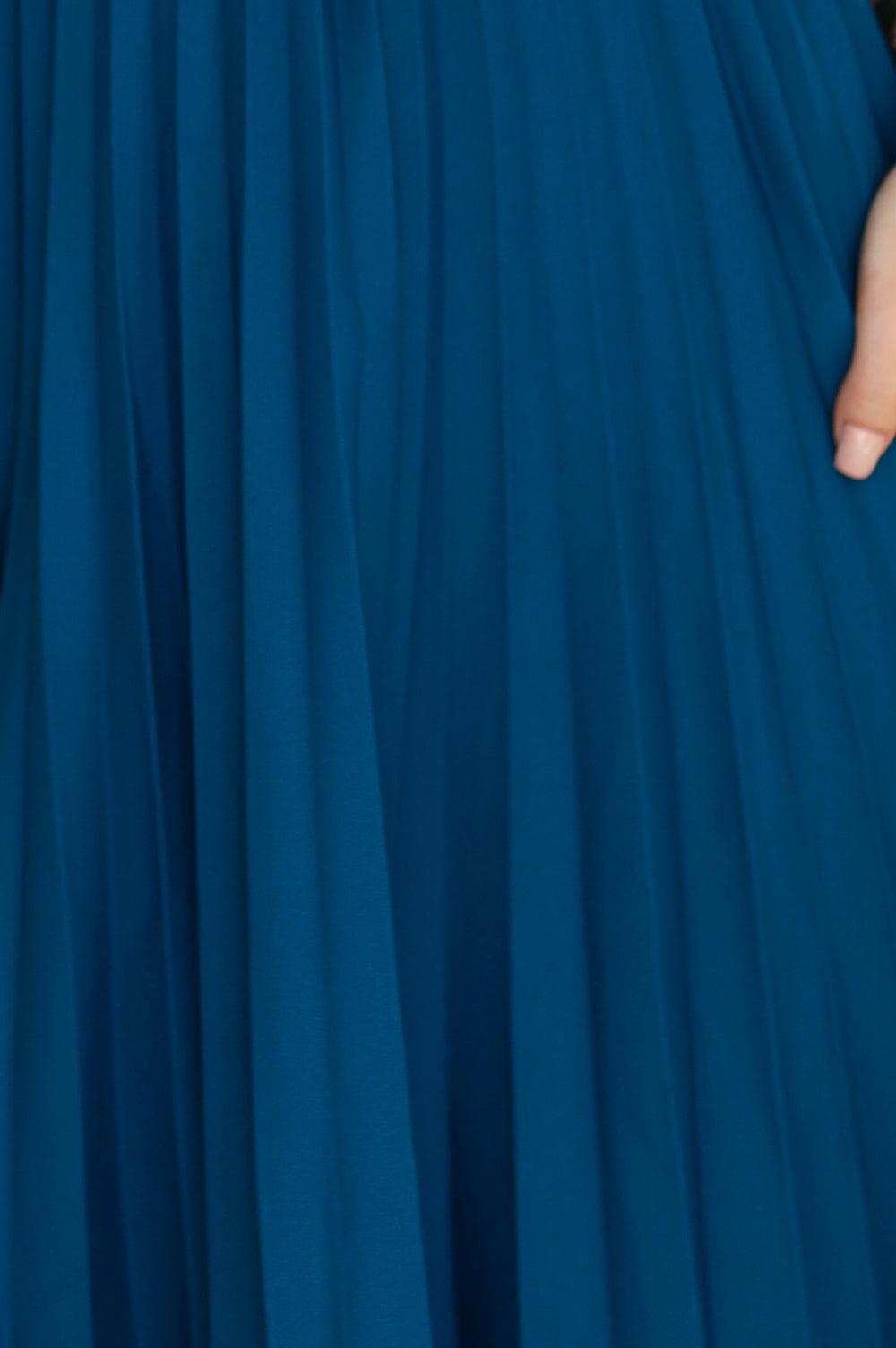 311-17 LILA Klassisches Plisseekleid mit kurzen Ärmeln und Gürtel - Meeresfarbe