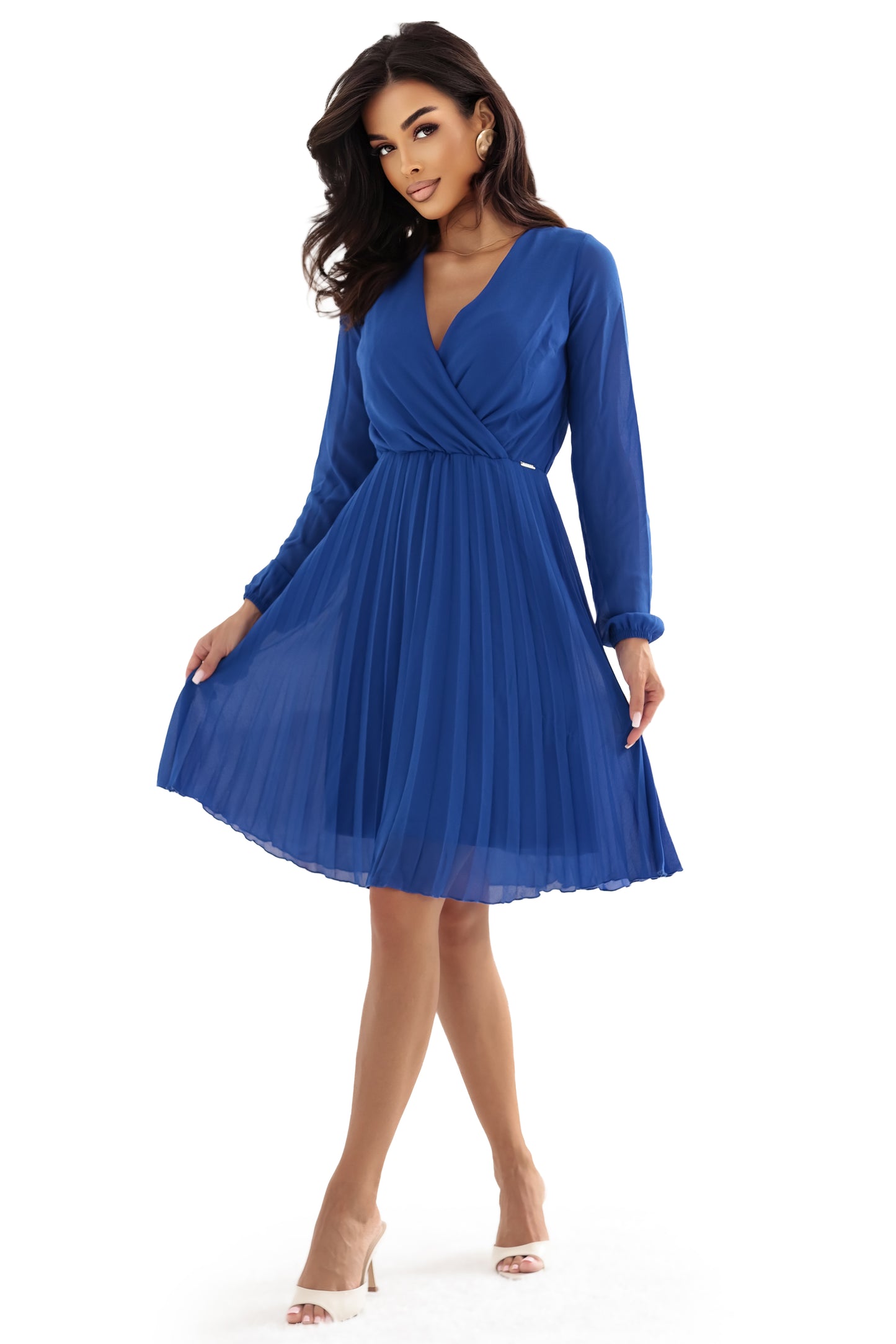 313-18 ISABELLE Elegantes Plisseekleid mit Ausschnitt und langen Ärmeln - Kornblumenblau