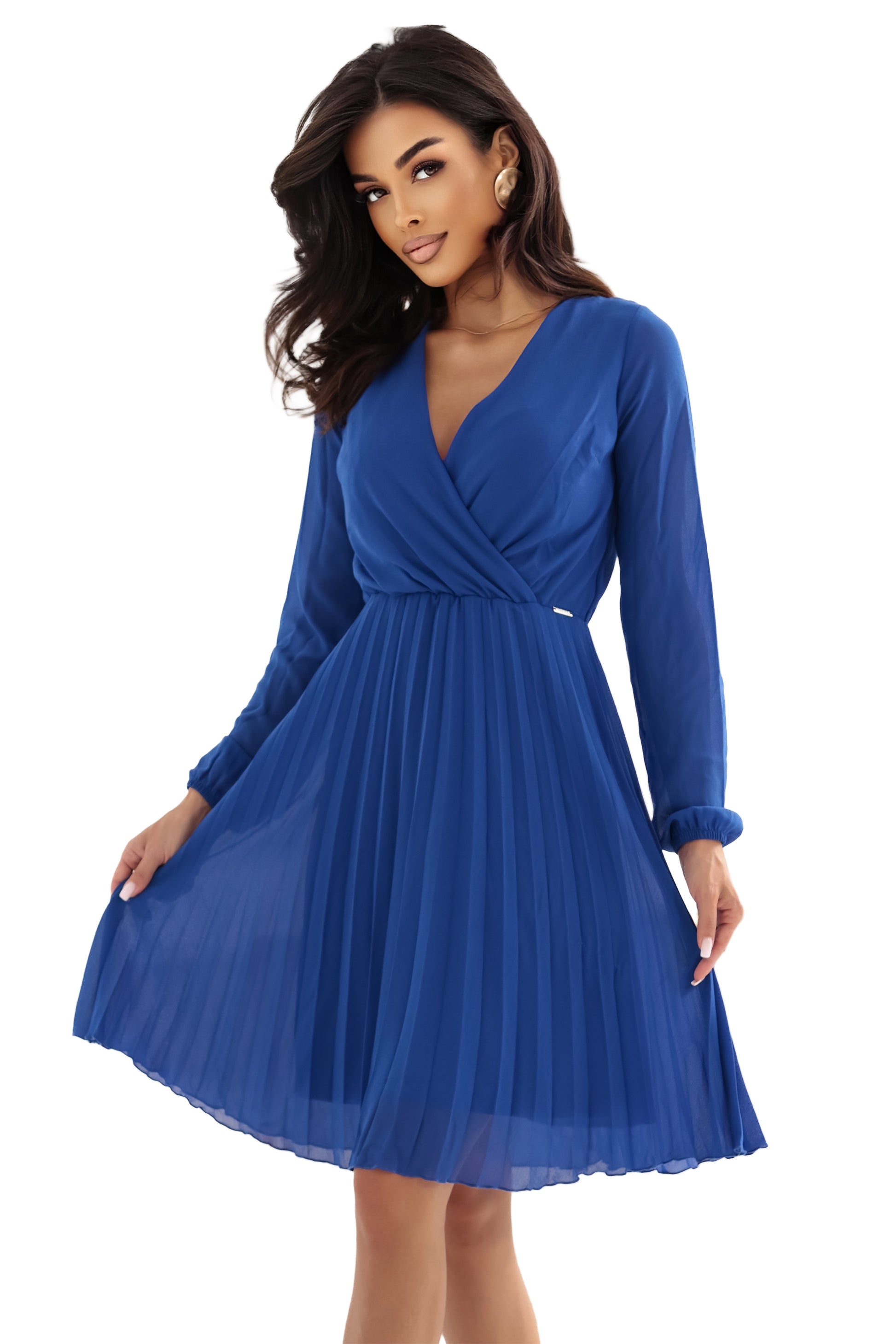 313-18 ISABELLE Elegantes Plisseekleid mit Ausschnitt und langen Ärmeln - Kornblumenblau