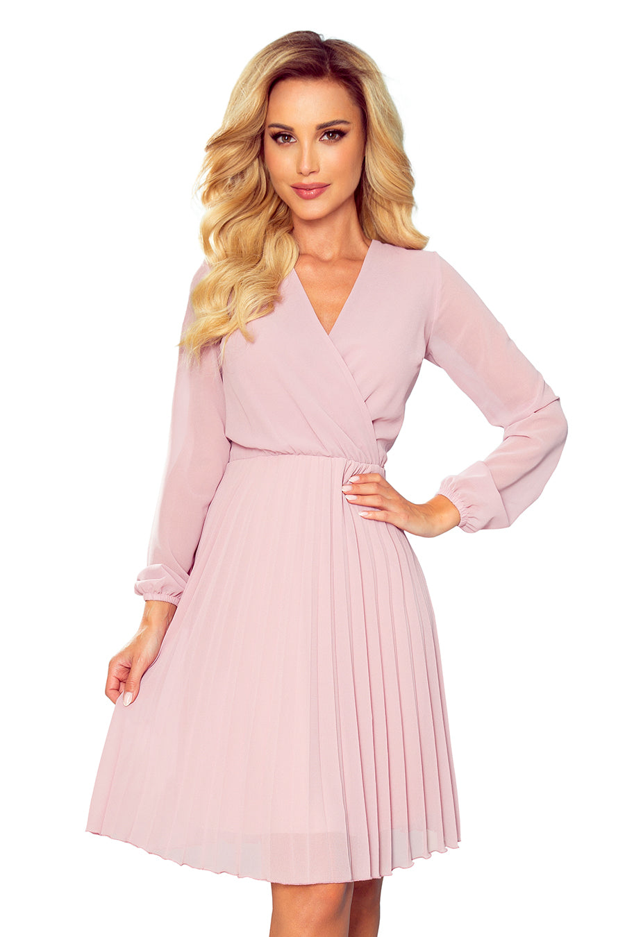 313-4 ISABELLE Plisseekleid mit Ausschnitt und Langarm - puderrosa