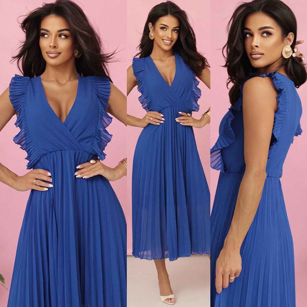 315-8 EMILY Plisseekleid mit Rüschen und Ausschnitt - Kornblumenblau