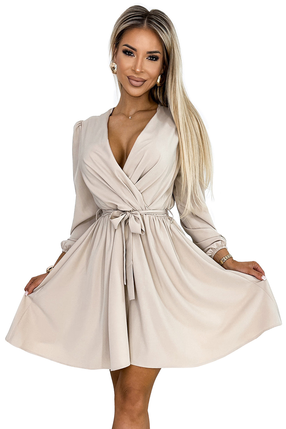 339-4 BINDY Feminines Kleid mit Ausschnitt und Gürtel - Beige