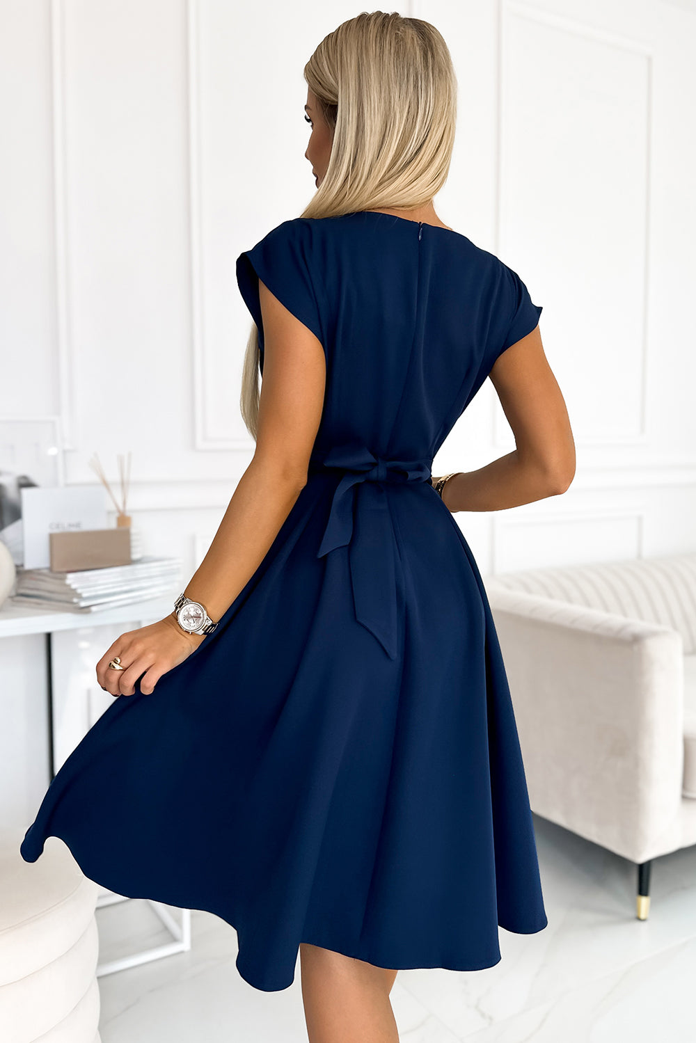 348-6 SCARLETT - ausgestelltes Kleid mit Umschlagausschnitt - Dunkelblau