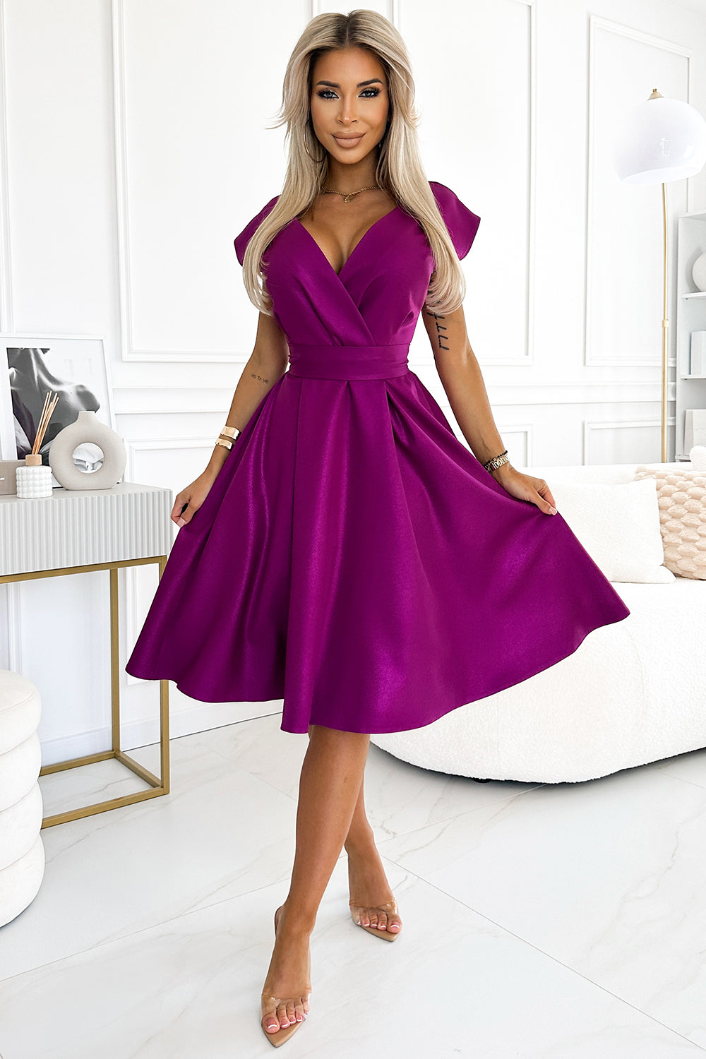 348-8 SCARLETT ausgestelltes Kleid mit Umschlagausschnitt - Fuchsia mit Glitzer