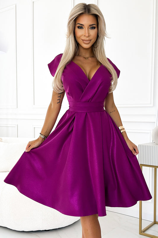 348-8 SCARLETT ausgestelltes Kleid mit Umschlagausschnitt - Fuchsia mit Glitzer