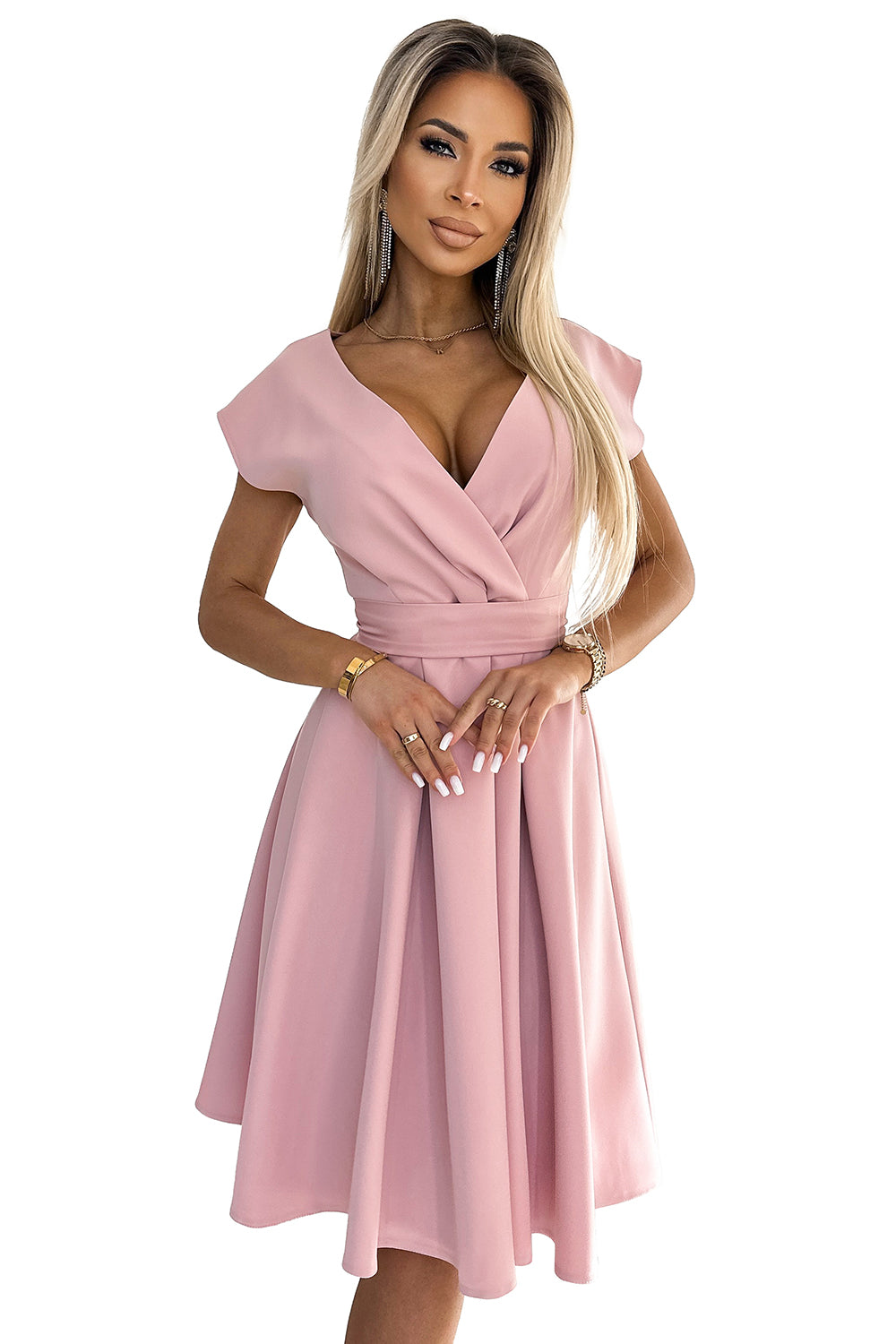 348-9 SCARLETT ausgestelltes Kleid mit Umschlagausschnitt - puderrosa