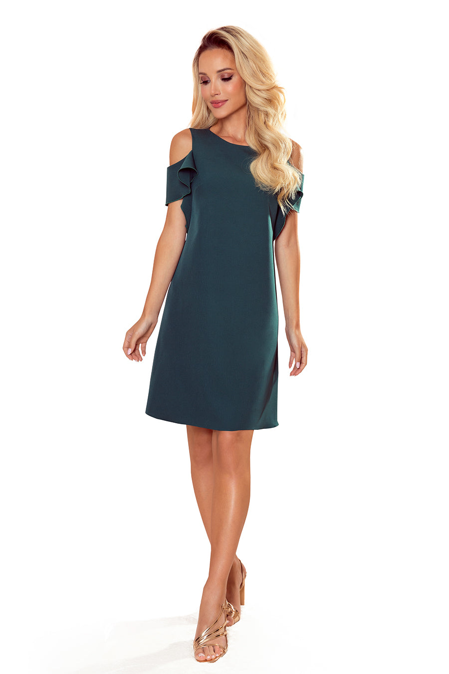 359-2 Ein trapezförmiges Kleid mit Rüschen an den Schultern - grün