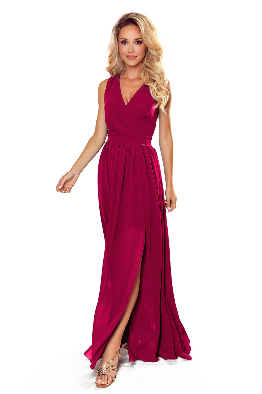 362-5 JUSTINE Langes Kleid mit Ausschnitt und Krawatte - weinrote Farbe