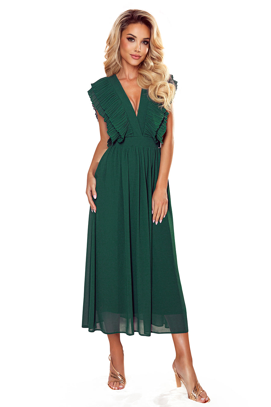 367-1 YANA Midikleid mit plissierten Rüschen und Ausschnitt - Grün