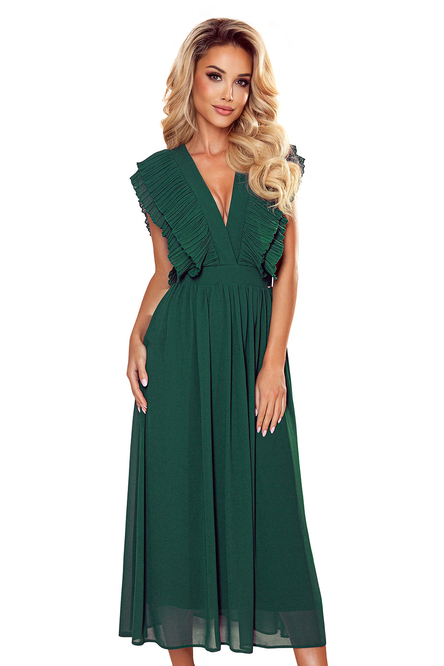 367-1 YANA Midikleid mit plissierten Rüschen und Ausschnitt - Grün