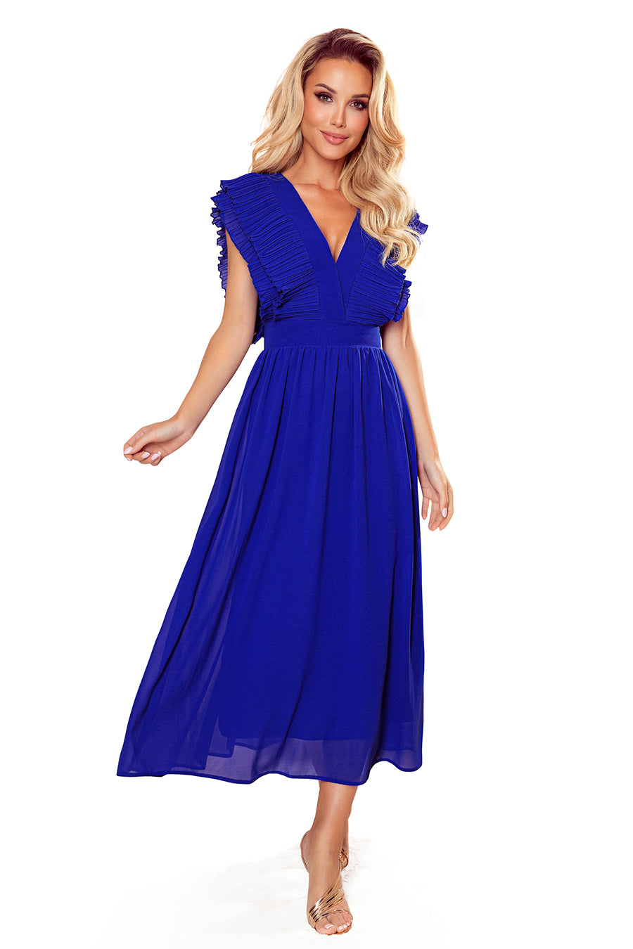 367-2 YANA Midikleid mit plissierten Rüschen und Ausschnitt - blau