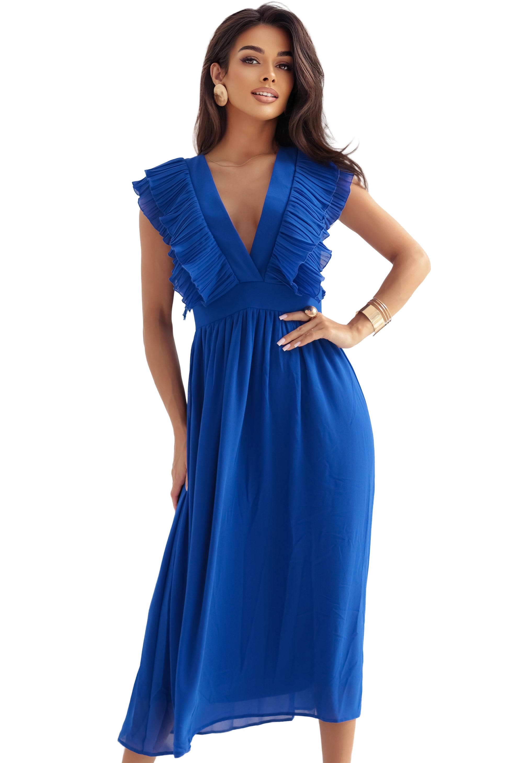 367-3 YANA Midikleid mit plissierten Rüschen und Ausschnitt - Kornblumenblau