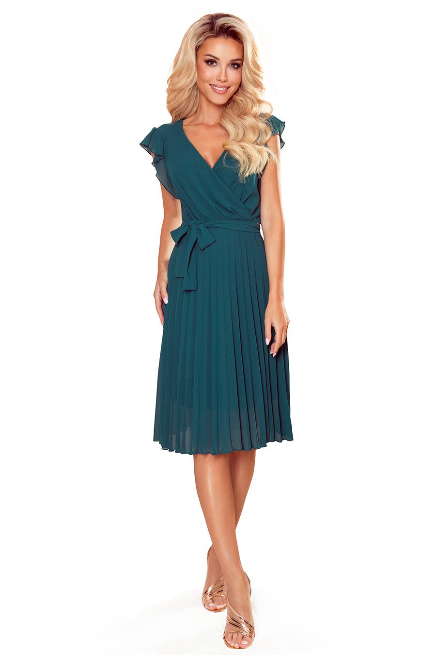 374-1 POLINA Faltenkleid mit Ausschnitt und Rüschen - grün