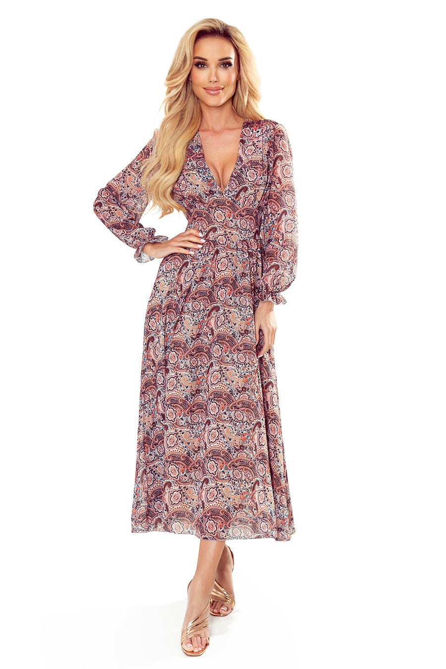 378-1 Midikleid aus Chiffon - braunes Boho-Muster