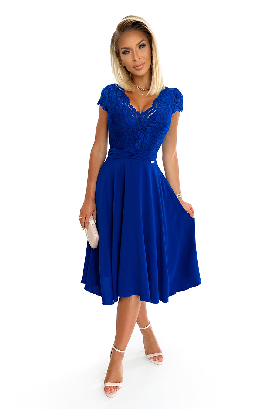 381-3 LINDA - Chiffonkleid mit Spitzenausschnitt - blau