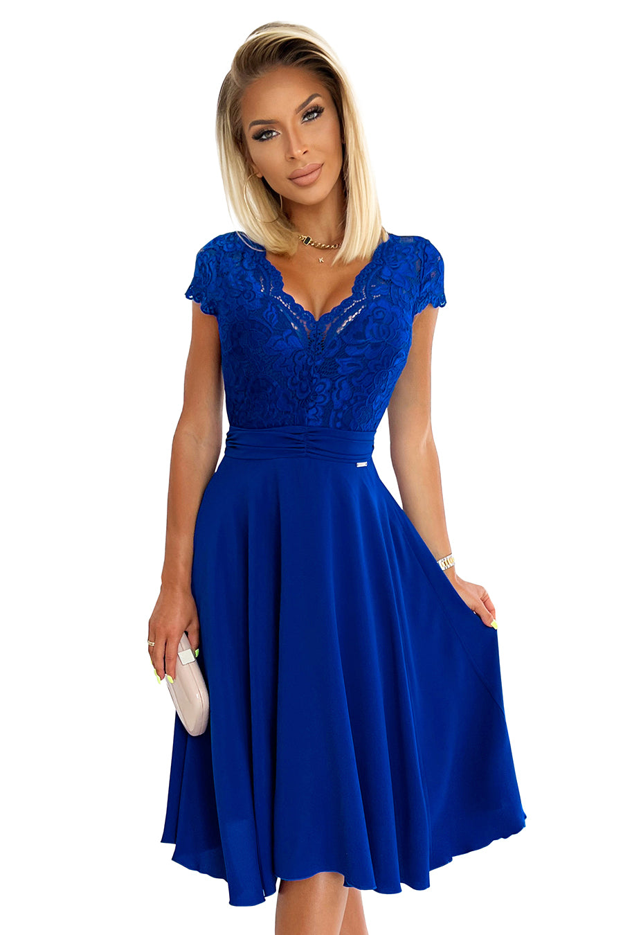 381-3 LINDA - Chiffonkleid mit Spitzenausschnitt - blau