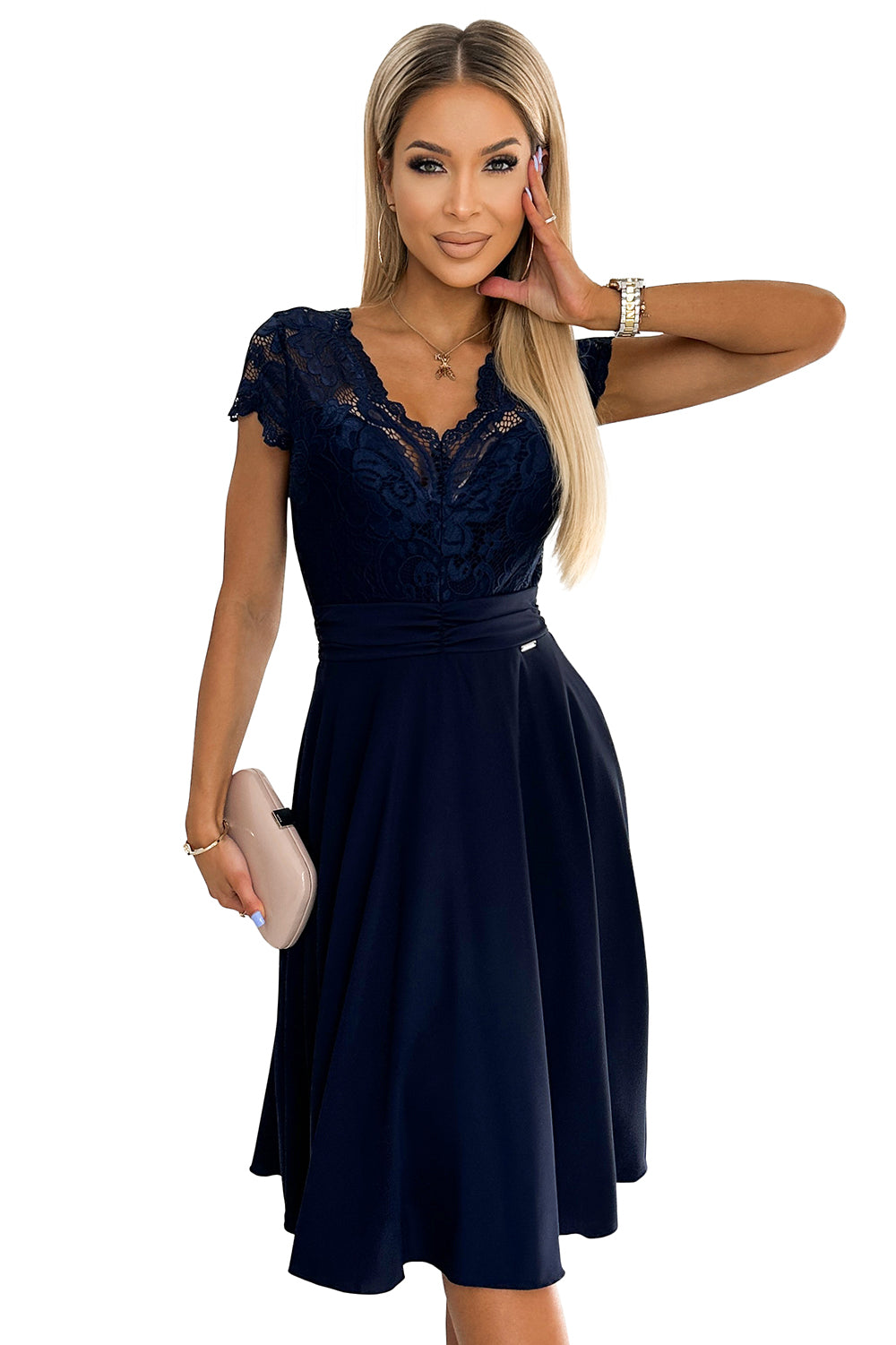 381-4 LINDA - Chiffonkleid mit Spitzenausschnitt - Dunkelblau