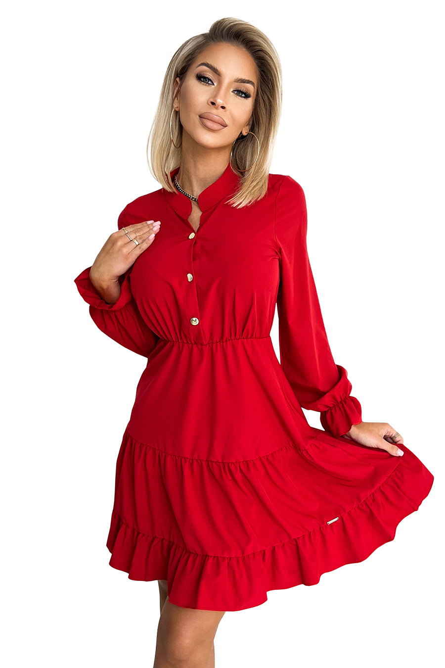 395-1 Kleid mit Ausschnitt und goldenen Knöpfen - rot
