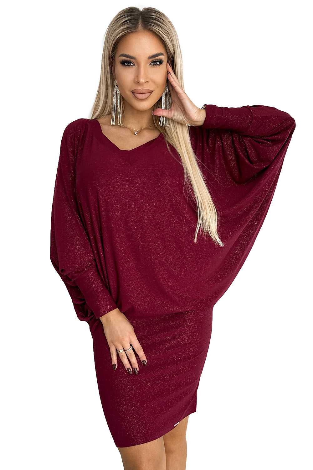 402-4 Fledermauskleid mit Ausschnitt - Burgunderrot mit Glitzer