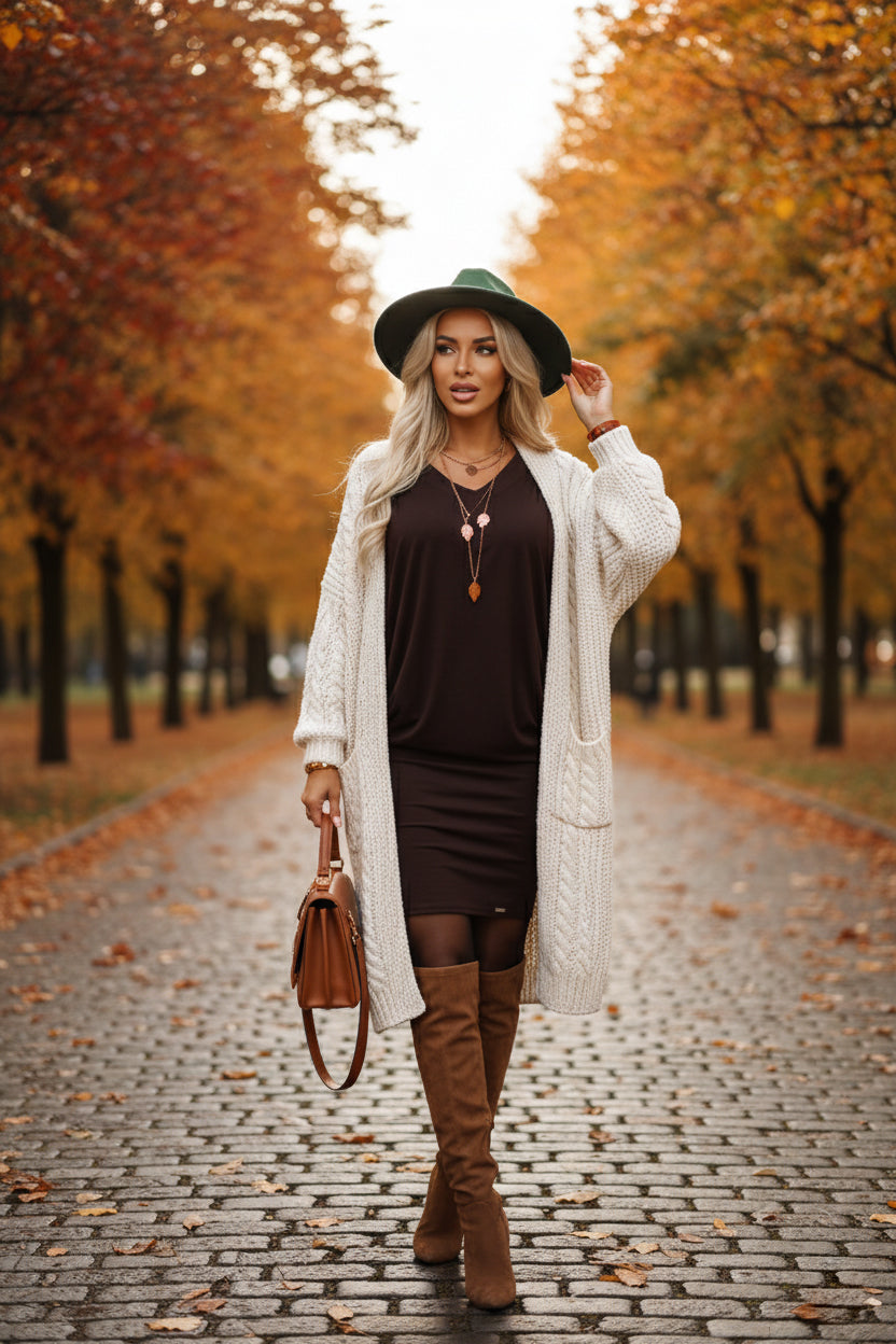 Bequemes Fledermauskleid mit langen Ärmeln - Schokolade 402-9