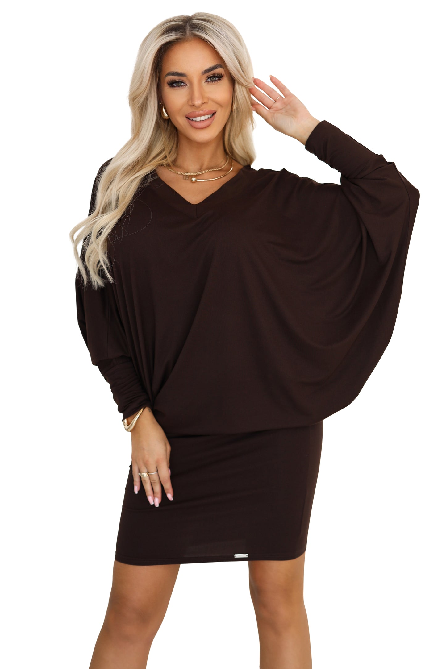 402-9 Bequemes Fledermauskleid mit langen Ärmeln - Schokolade