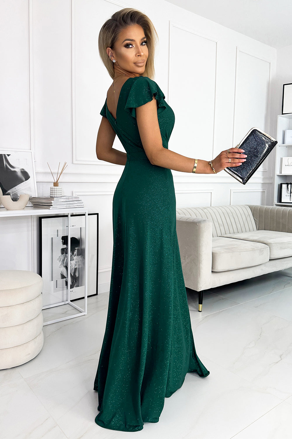 411-1 CRYSTAL schimmerndes langes Kleid mit Ausschnitt - grün