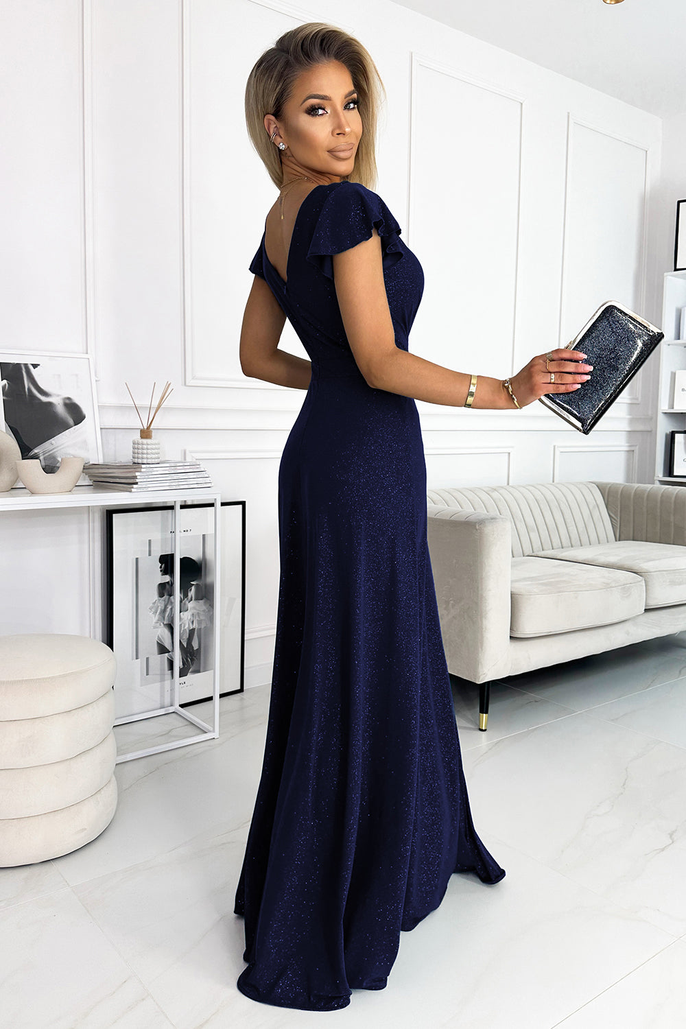 411-3 CRYSTAL schimmerndes langes Kleid mit Ausschnitt - Dunkelblau