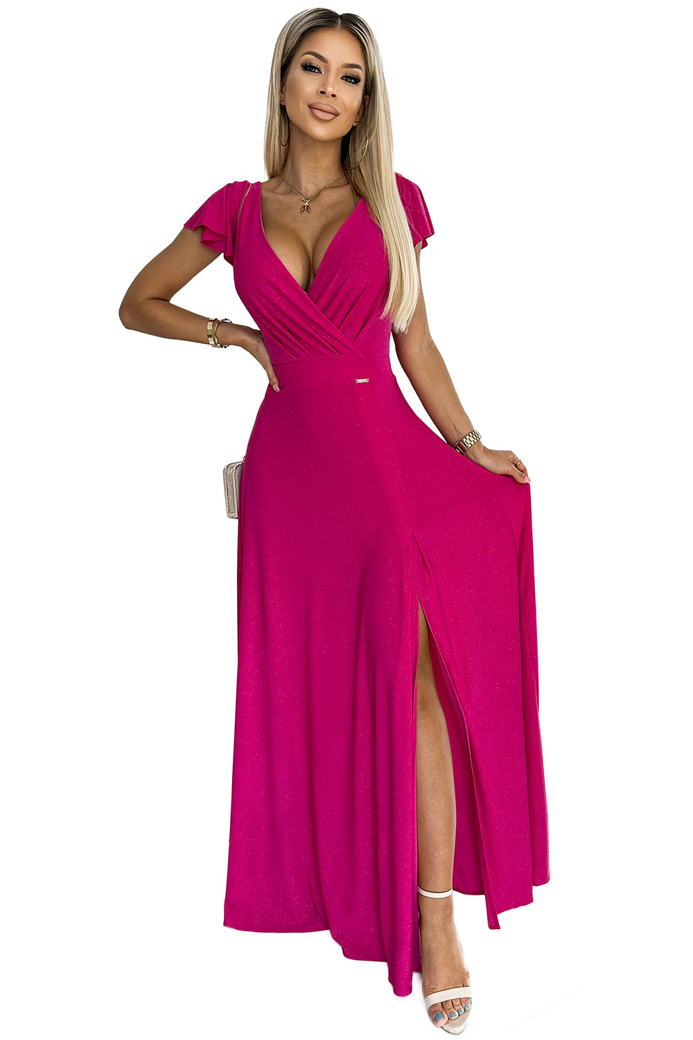 411-5 CRYSTAL schimmerndes langes Kleid mit Ausschnitt - Fuchsie