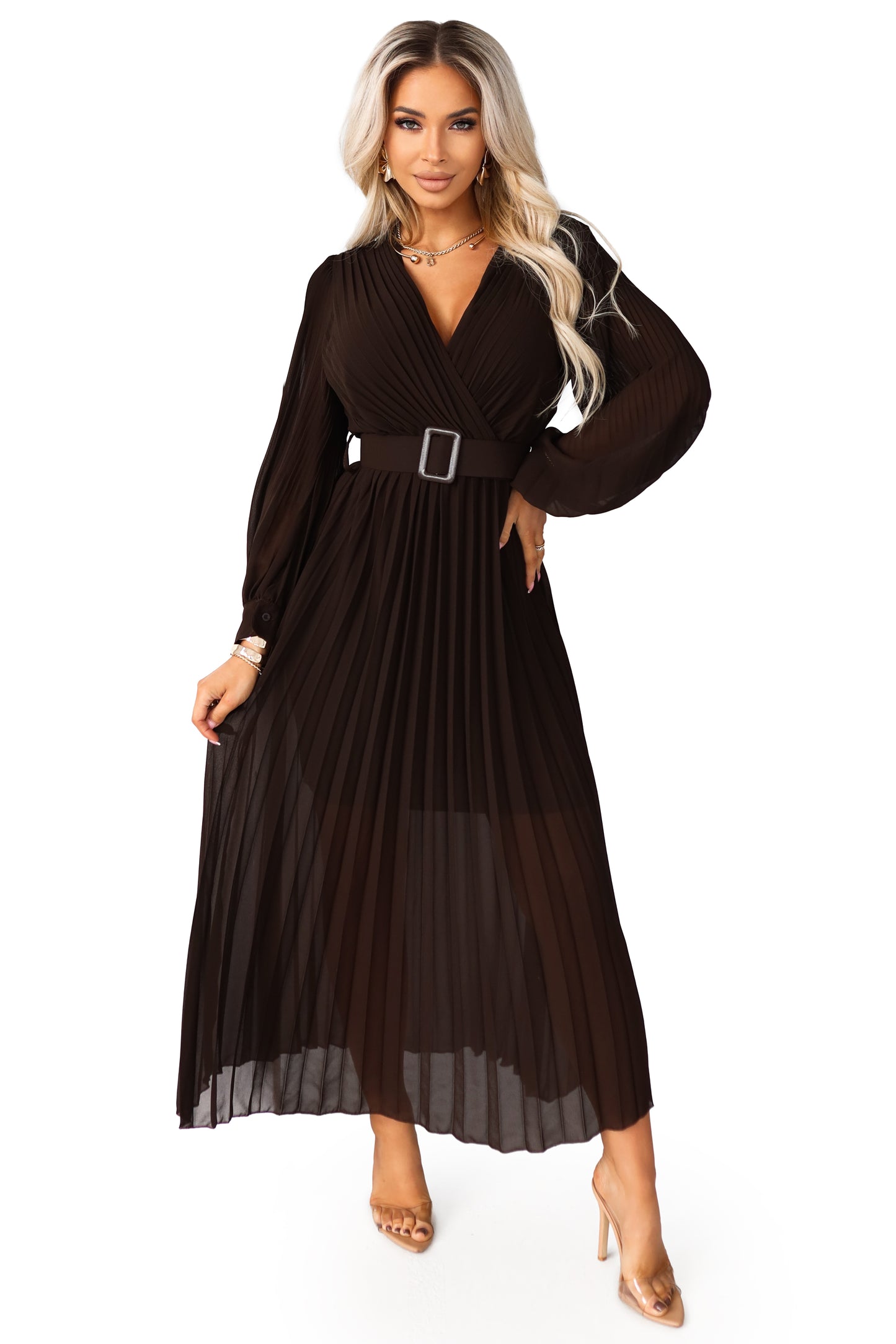 414-11 KLARA Elegantes, plissiertes Midikleid mit Gürtel und Ausschnitt - Schokoladenbraun