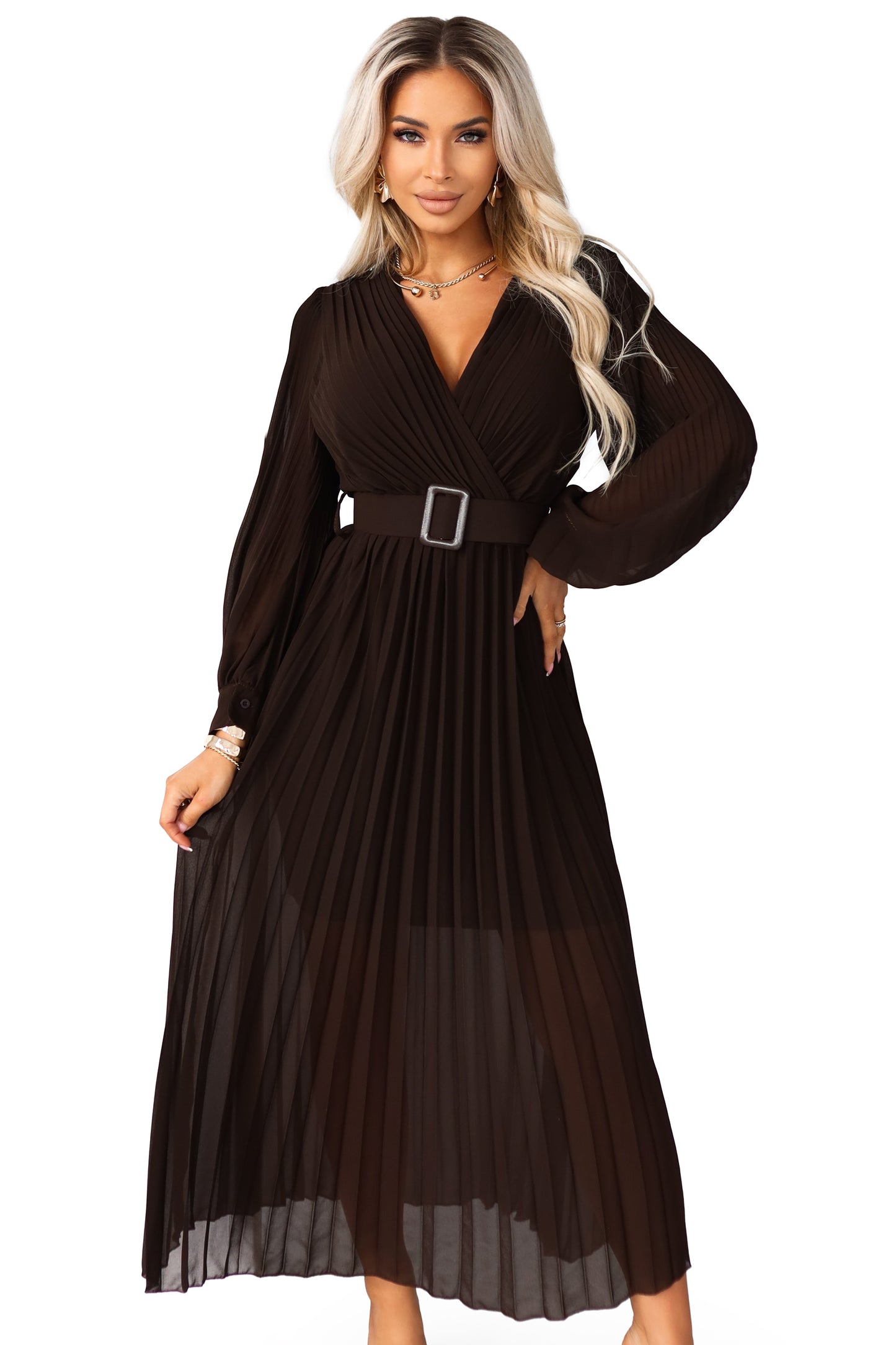 414-11 KLARA Elegantes, plissiertes Midikleid mit Gürtel und Ausschnitt - Schokoladenbraun