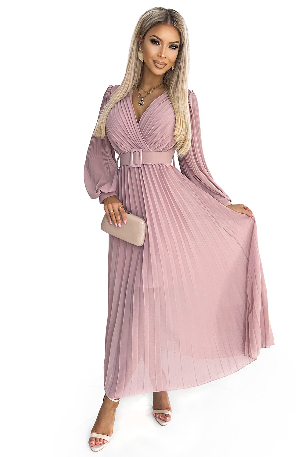 414-2 KLARA Faltenkleid mit Gürtel und Ausschnitt - puderrosa