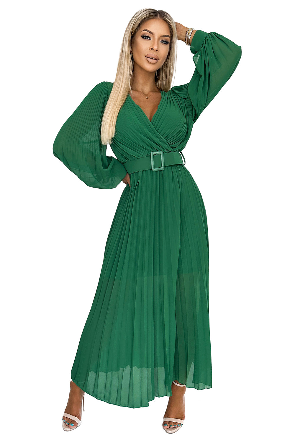 414-3 KLARA Faltenkleid mit Gürtel und Ausschnitt - grün