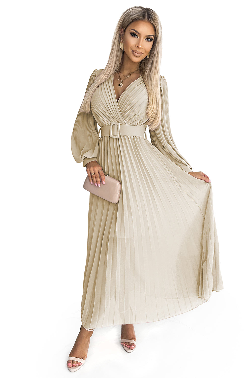 414-8 KLARA Faltenkleid mit Gürtel und Ausschnitt - Beige
