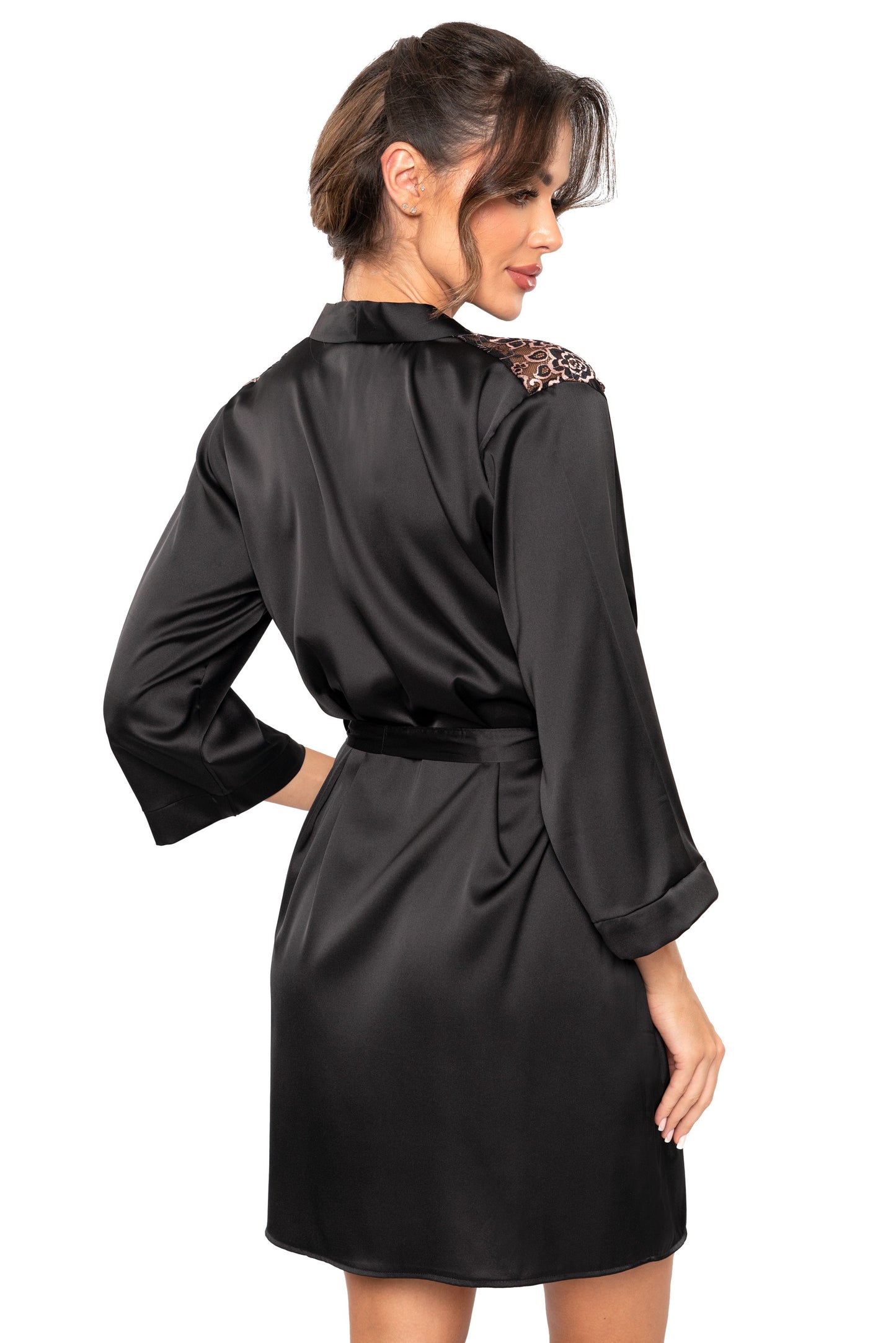 Czarny Bademantel Satin mit Spitze - Sabrina