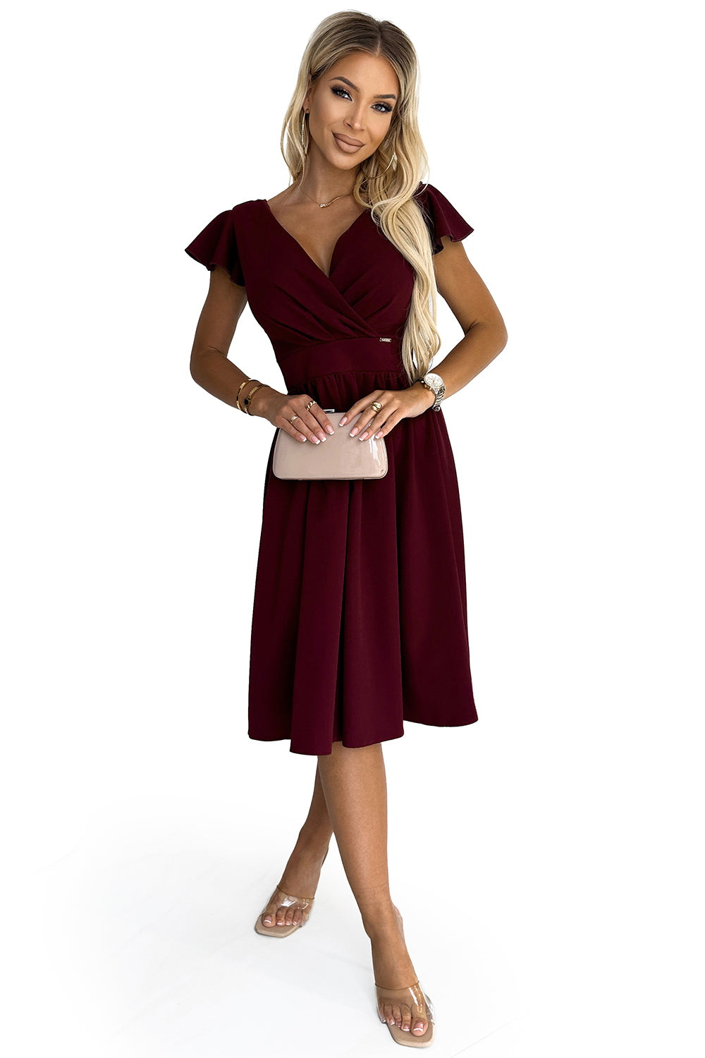 425-4 MATILDE Kleid mit Ausschnitt und kurzen Ärmeln - weinrote Farbe