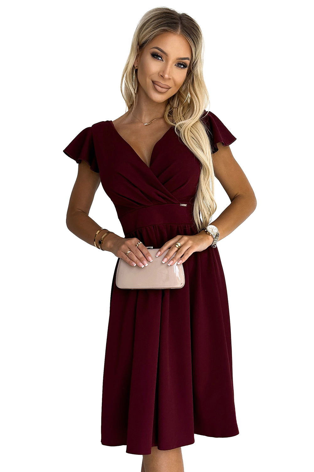 425-4 MATILDE Kleid mit Ausschnitt und kurzen Ärmeln - weinrote Farbe