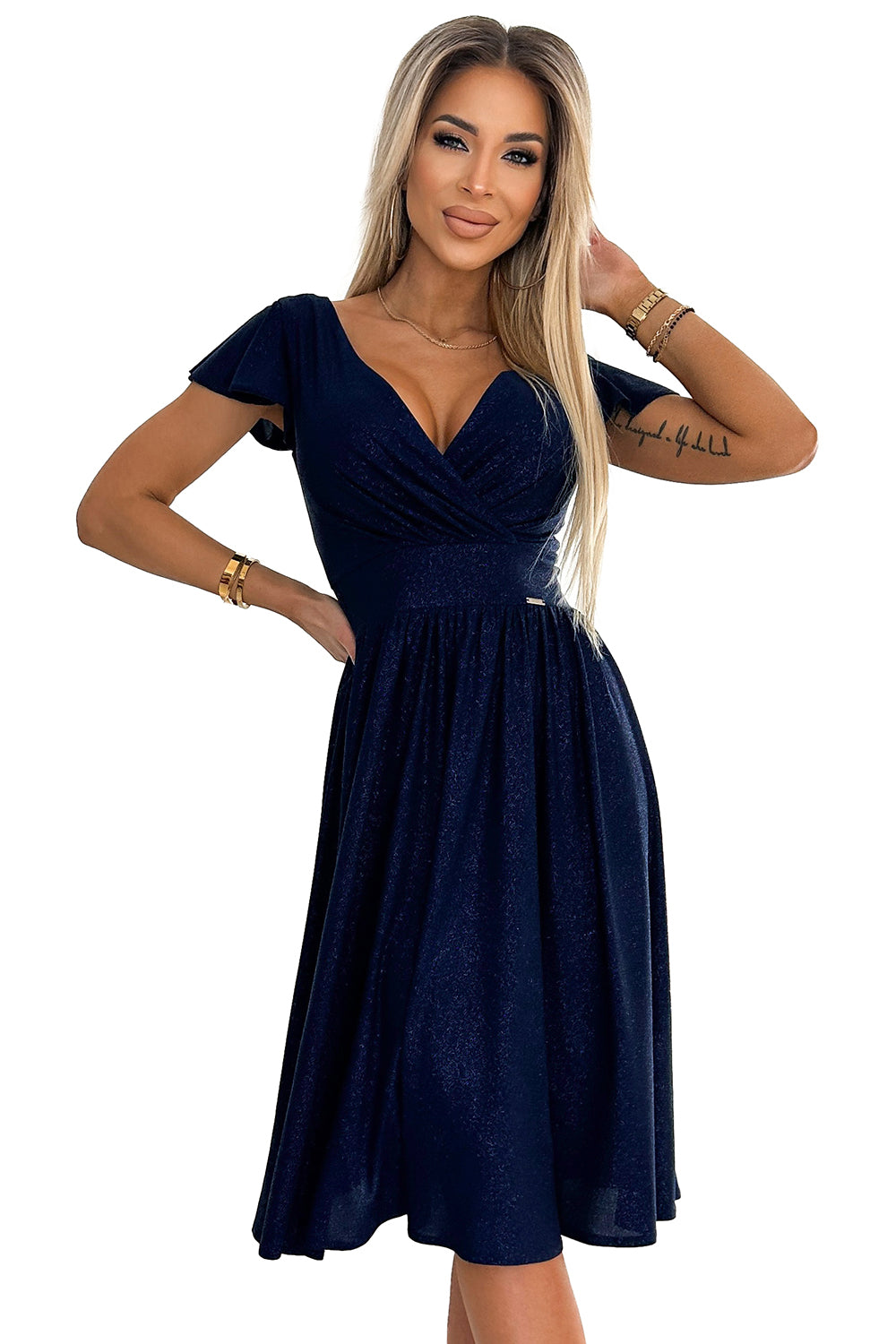 425-8 MATILDE Kleid mit Ausschnitt und kurzen Ärmeln - Marineblau mit Glitzer