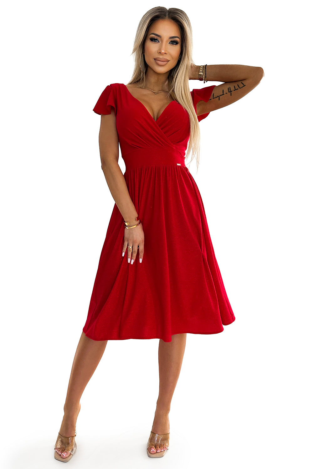 425-9 MATILDE Kleid mit Ausschnitt und kurzen Ärmeln - rot mit Glitzer