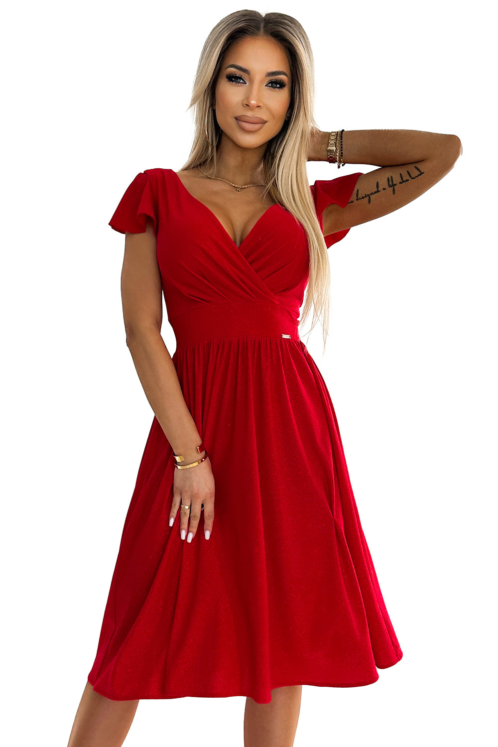 425-9 MATILDE Kleid mit Ausschnitt und kurzen Ärmeln - rot mit Glitzer