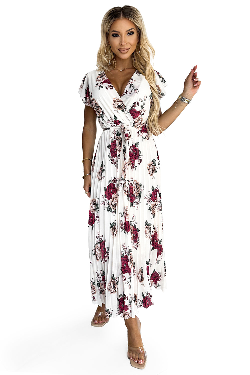 434-8 LISA Plissee-Midikleid mit Ausschnitt und Rüschen - dunkelrote Rosen