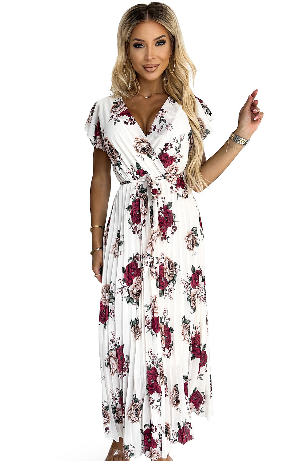 434-8 LISA Plissee-Midikleid mit Ausschnitt und Rüschen - dunkelrote Rosen