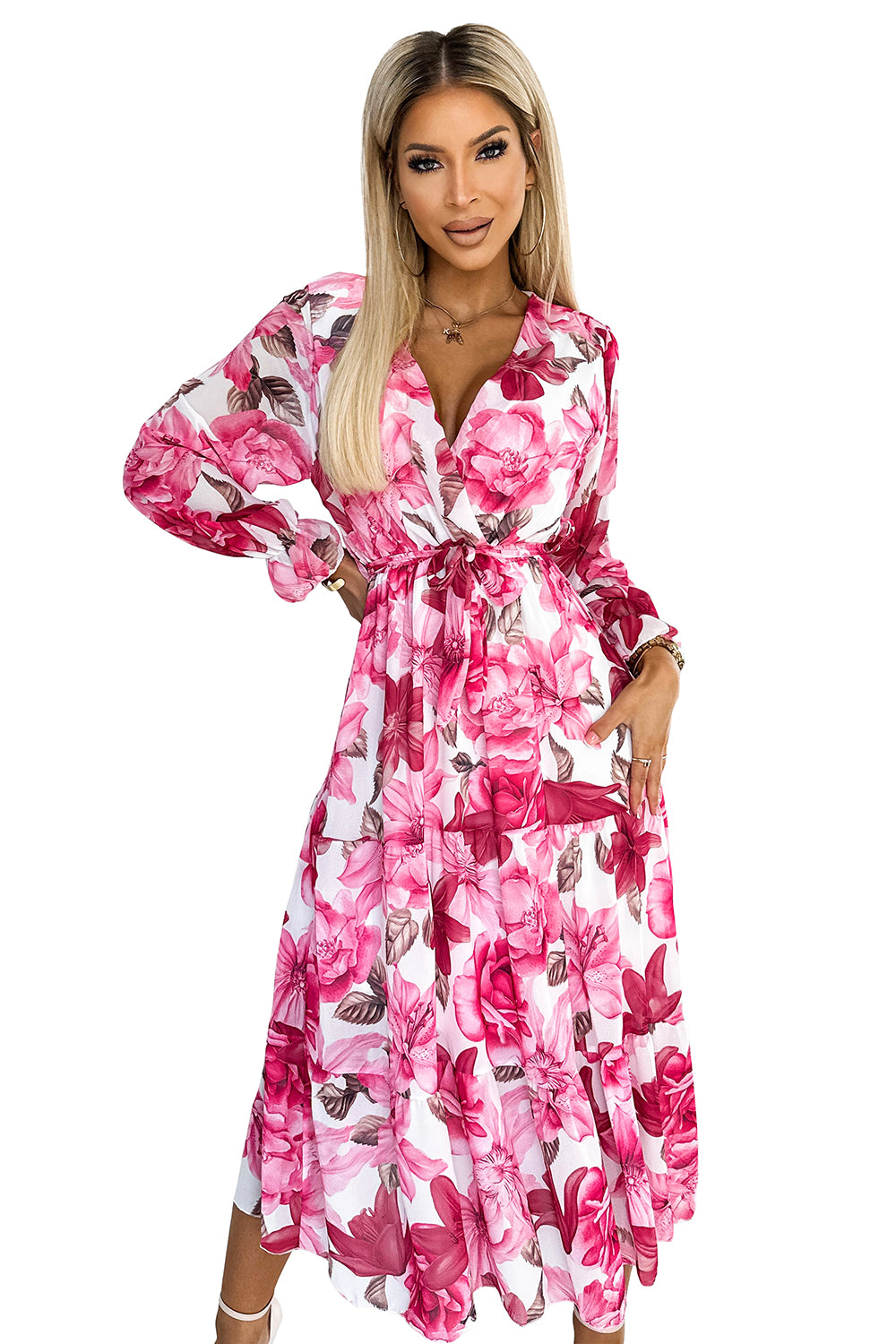 436-1 VALENTINA Midikleid mit Ausschnitt und Gürtel - rosa Rosen auf weißem Grund