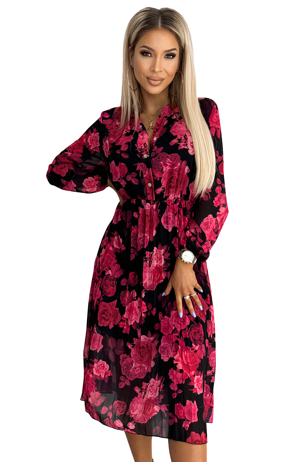 449-2 CARLA Plissiertes Midikleid mit Knöpfen und langen Ärmeln - schwarz mit roten Rosen