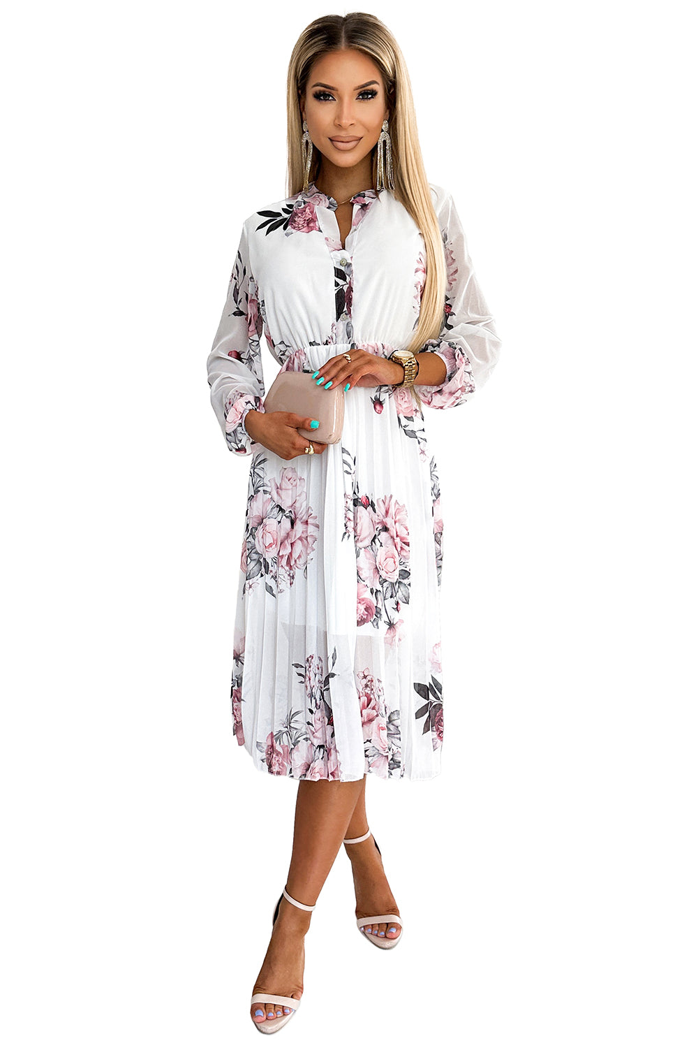 449-6 CARLA Plissiertes Midikleid mit Knöpfen und langen Ärmeln - Rosen auf weißem Hintergrund