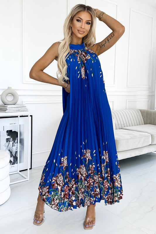 456-1 ESTER Plissiertes Maxikleid aus Satin - blau mit Blumen