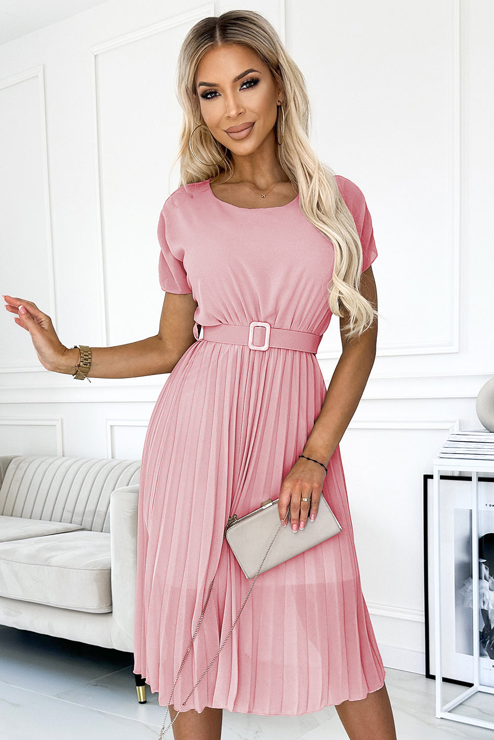 465-3 MIA Plissiertes Midikleid mit breitem Gürtel - schmutziges Rosa