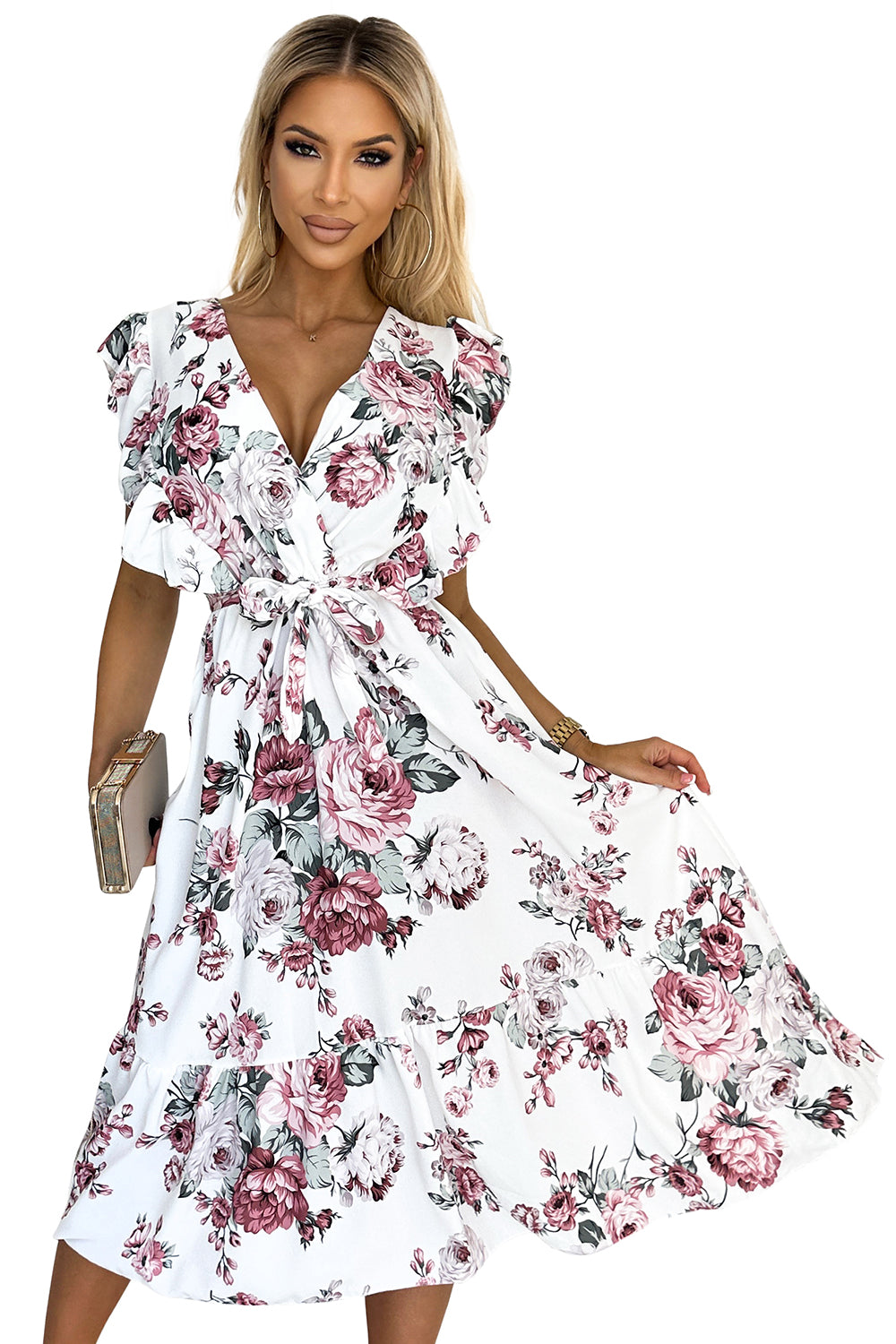 466-1 GABRIELLA Kleid mit Rüschen, Ausschnitt und Bindung – weiß mit burgunderfarbenen Rosen